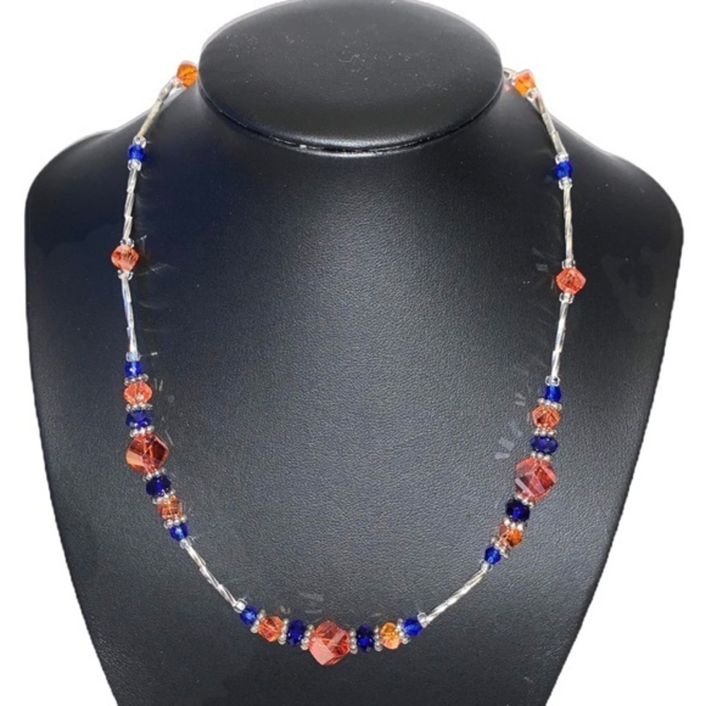 Handmade BOHO blue orange & silver beaded necklace